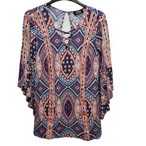 Luxe Boho Tunic Top Womens Small Multicolor Keyhole Bell Sleeves Lined Boho-Chic